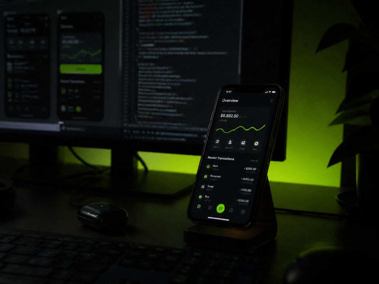 Hands holding a phone showing a clean app interface