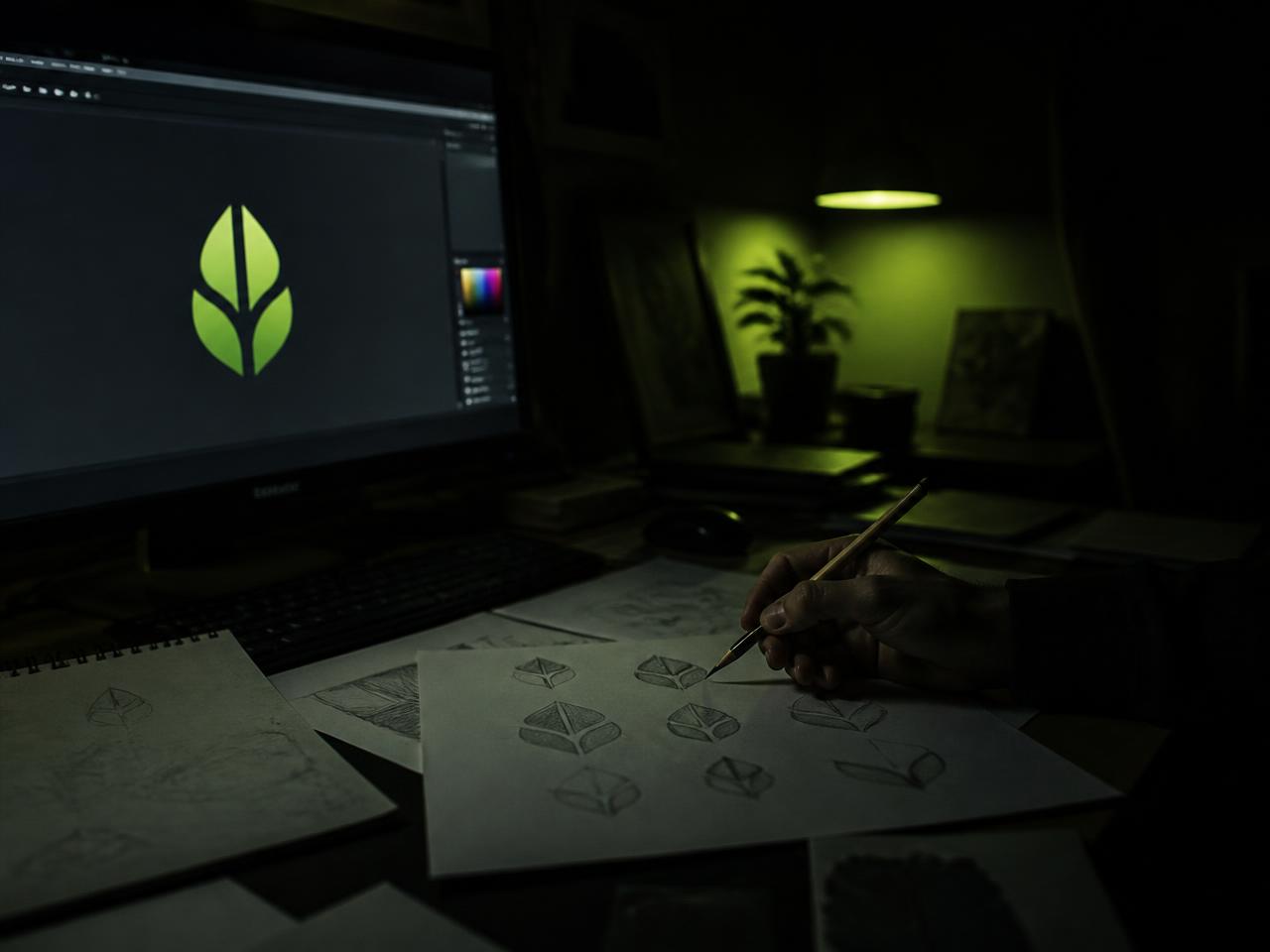 Brand identity print collateral on a dark studio surface