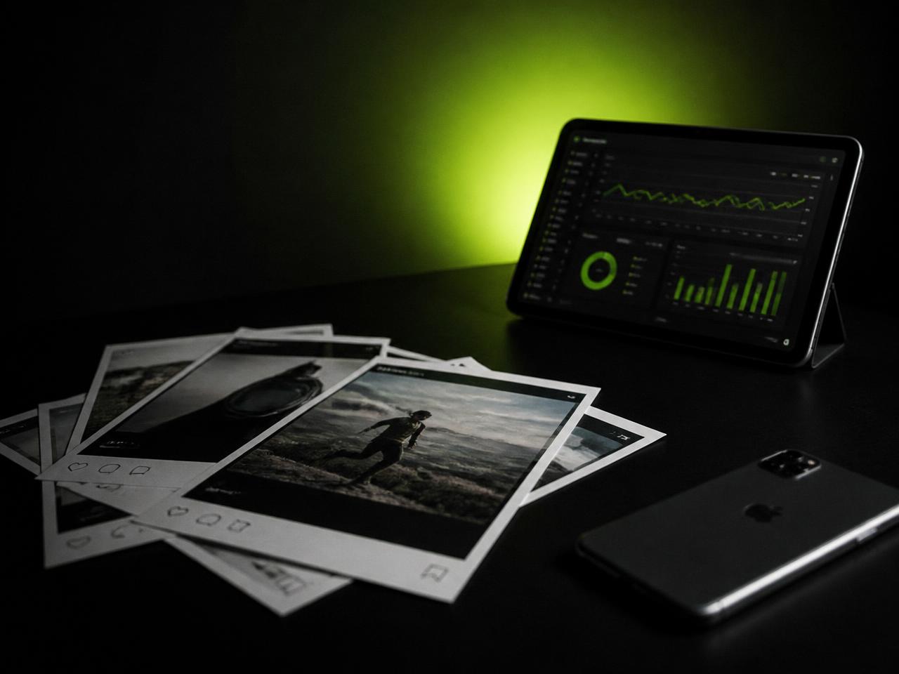 Marketing campaign moodboard with printed social posts and charts