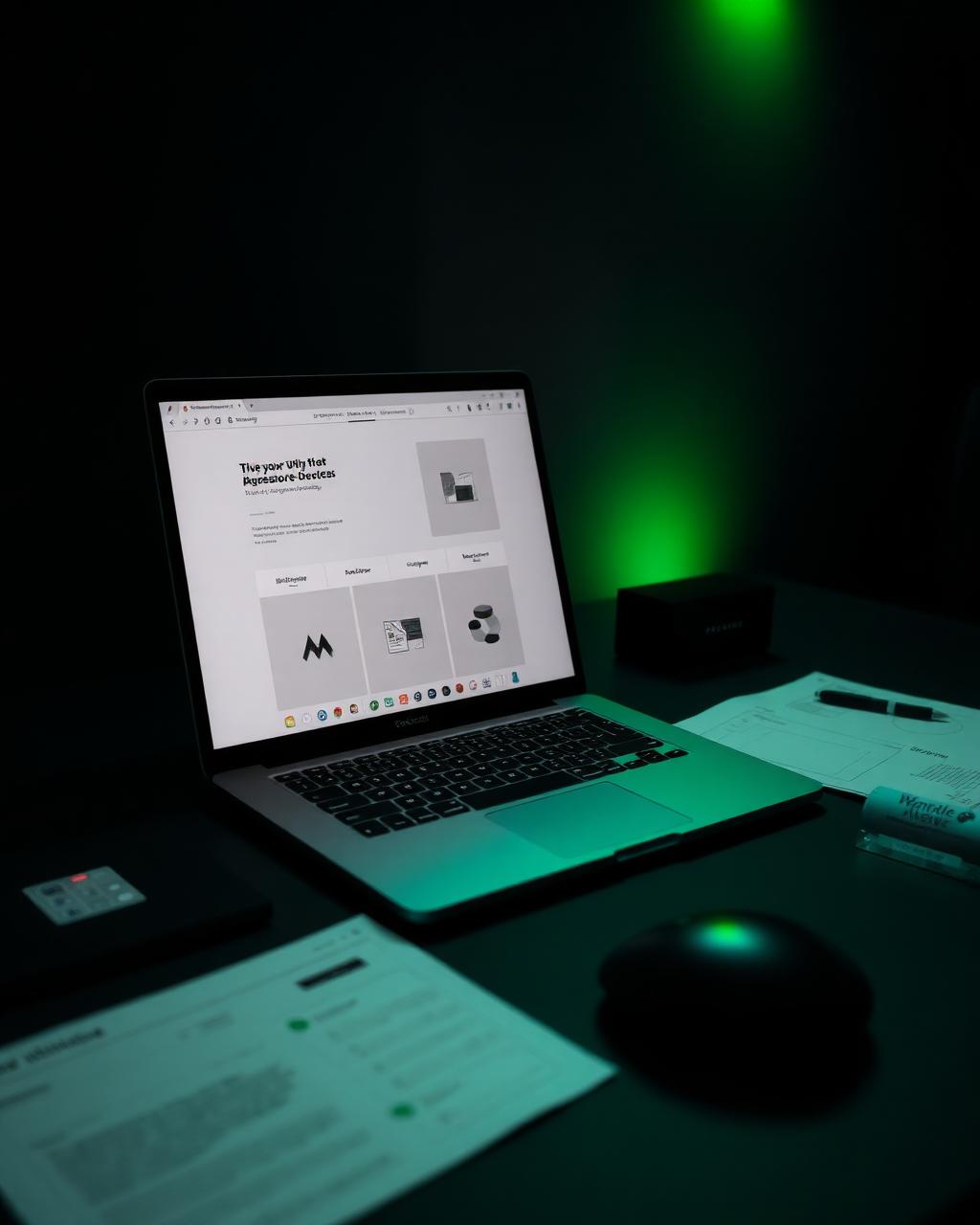Laptop showing a minimal website layout beside wireframe sketches